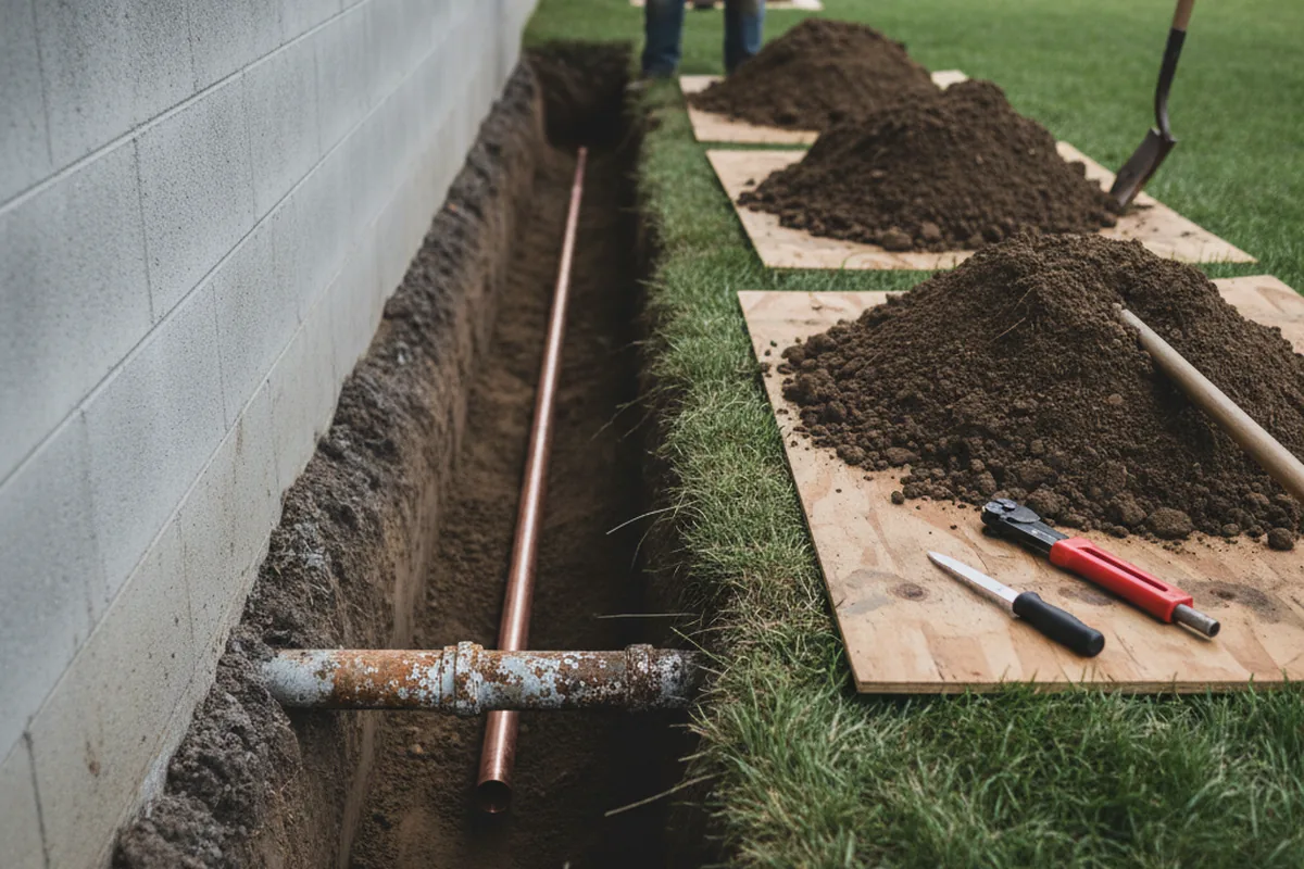 Excavated water line trench during Water Softener Installation in Premier
